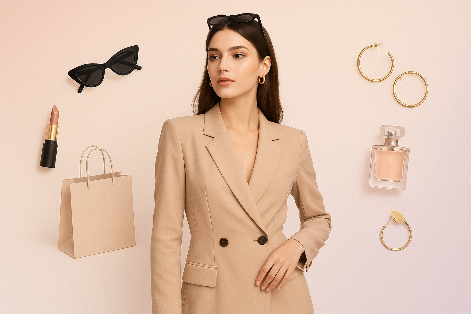 Create a high-quality and modern banner featuring a stylish young woman wearing trendy fashion. The background should be soft pastel colors (like pink, beige, or lavender), with minimalistic design elements. Include shopping bags, beauty products, or fashion accessories to indicate a women's clothing or lifestyle store. The vibe should be fresh, elegant, and attractive to a young female audience. Ideal for a fashion ecommerce website targeting girls.