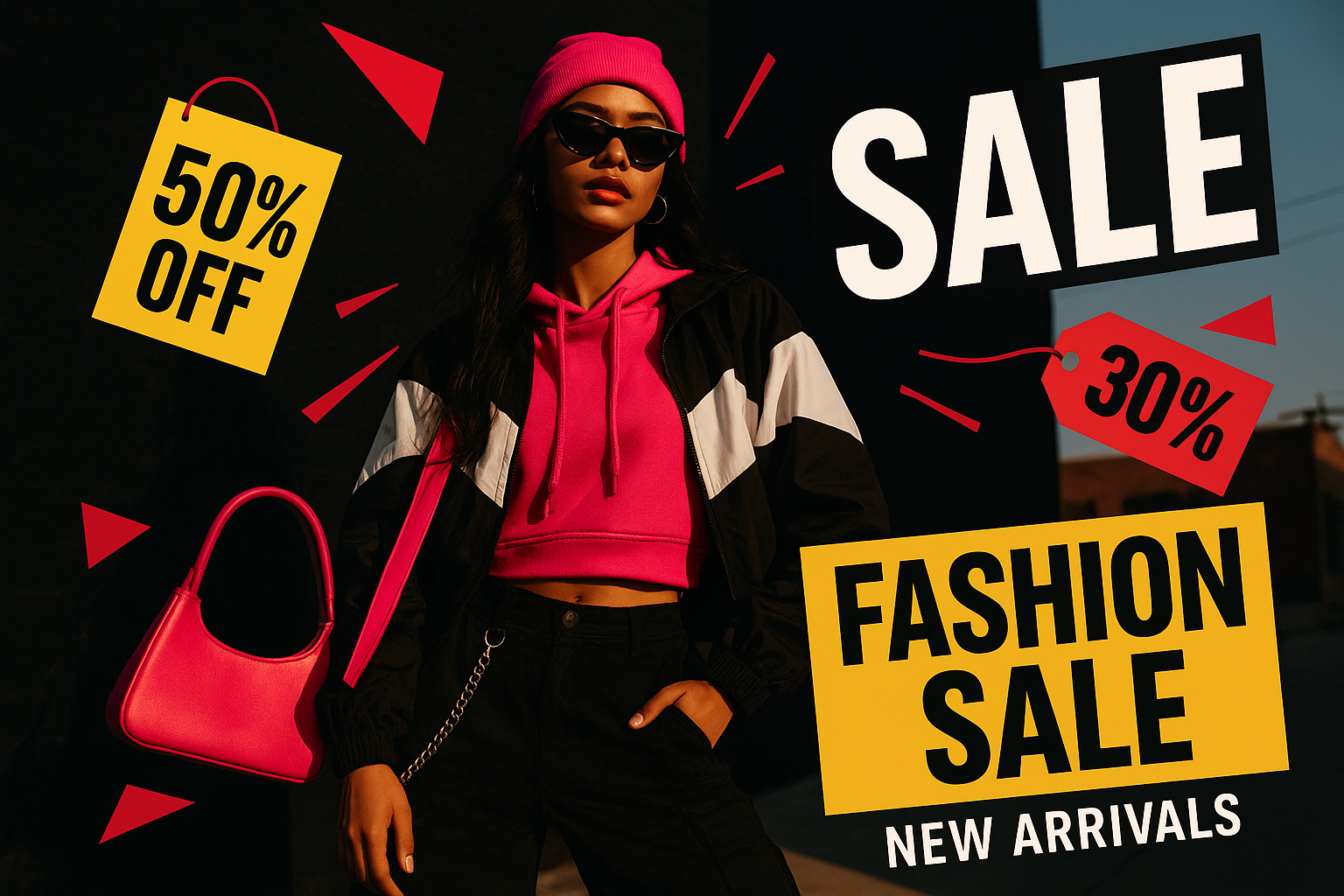 Design a bold and eye-catching banner for a women's fashion sale. Feature a confident young woman in modern street-style clothing, posing with attitude. Use vibrant colors like hot pink, black, and white. Add dynamic elements like SALE tags, price tags, or bold typography overlays. The setting can be urban or studio-style. The look should be trendy, energetic, and perfect for promoting discounts or new arrivals for a girl-oriented fashion store.